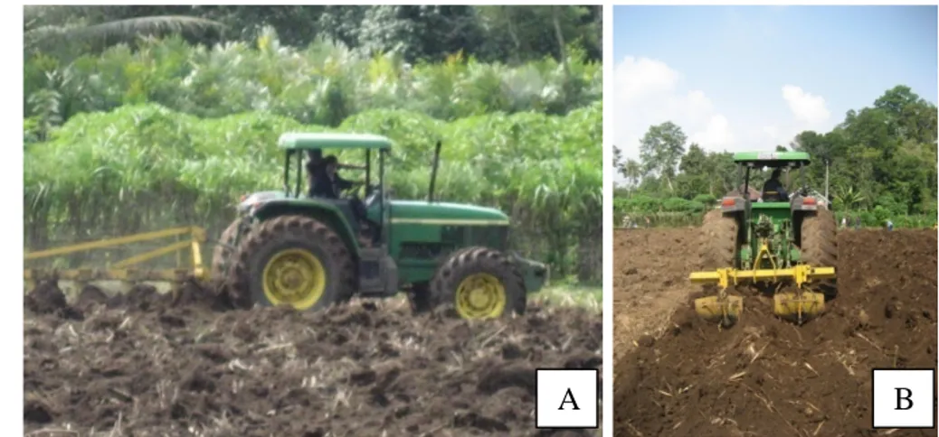 Gambar 1. Pengolahan Tanah : A. Pembajakan; B. Pengkairan Pembuatan got. Pembuatan got dilakukan dengan tujuan sebagai saluran drainase  atau  pembuangan  air