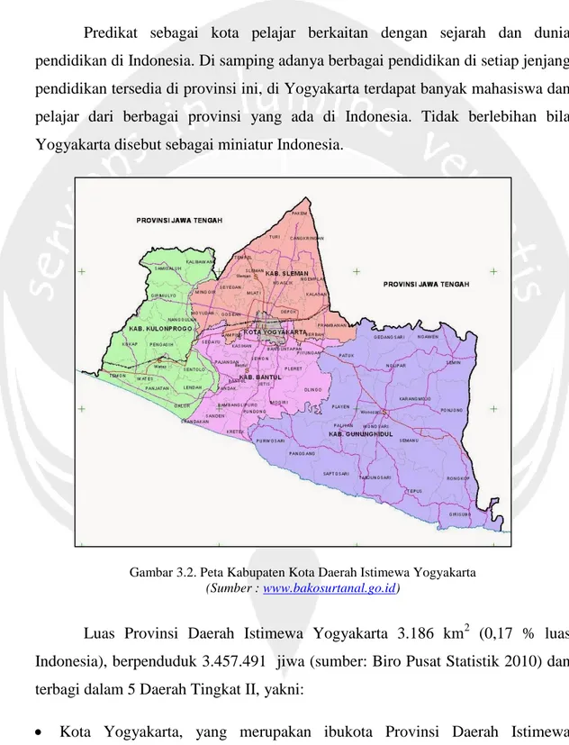 Gambar 3.2. Peta Kabupaten Kota Daerah Istimewa Yogyakarta  (Sumber : www.bakosurtanal.go.id) 