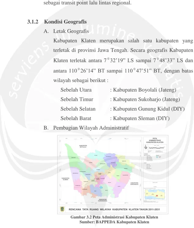 Gambar 3.2 Peta Administrasi Kabupaten Klaten  Sumber: BAPPEDA Kabupaten Klaten 
