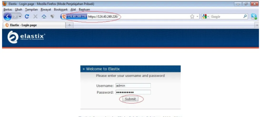 Gambar 4.2 Tampilan awal GUI Elastix-2.0.3-i386  2.  Masukkan Username : admin, dan Password : palosanto (default)