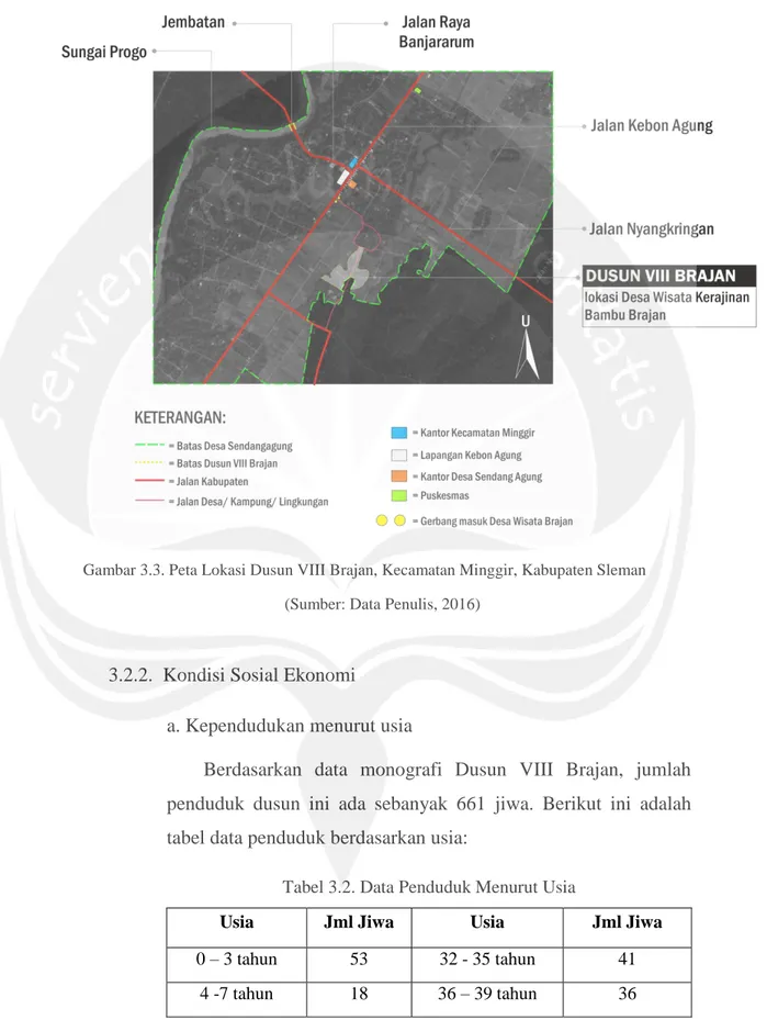 Gambar 3.3. Peta Lokasi Dusun VIII Brajan, Kecamatan Minggir, Kabupaten Sleman  (Sumber: Data Penulis, 2016) 
