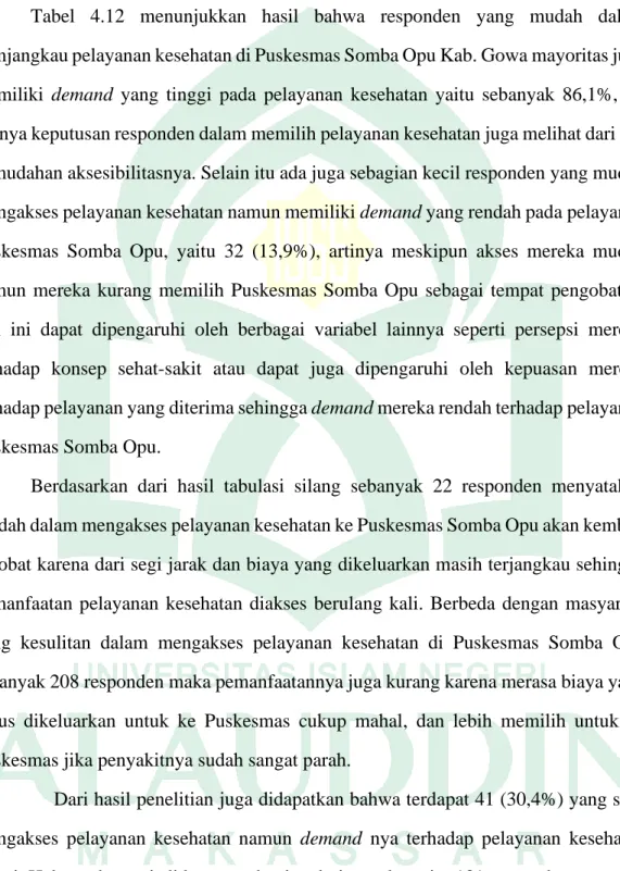 Tabel  4.12  menunjukkan  hasil  bahwa  responden  yang  mudah  dalam  menjangkau pelayanan kesehatan di Puskesmas Somba Opu Kab