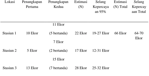 Tabel 1. Estimasi Populasi L. blythii di Sungai Batang Tinggam Lokasi Penangkapan Pertama PenangkapanKedua Estimasi(N) Selang Kepercaya an 95% Estimasi (N) Total Selang Kepercayaan Total Stasiun 1 10 Ekor 11 Ekor
