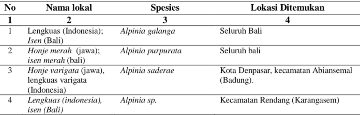 Tabel 1. Hasil identifikasi 35 spesimen jahe-jahean di Bali 