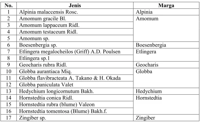 Tabel 1: Jenis dan marga Zingiberaceae yang ditemukan di Cagar Alam Rimbo Panti 