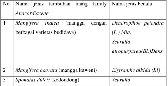 Tabel  1.  Daftar  jenis  tumbuhan  inang  benalu  dan  jenis  tumbuhan  parasitnya  di  Surakarta 