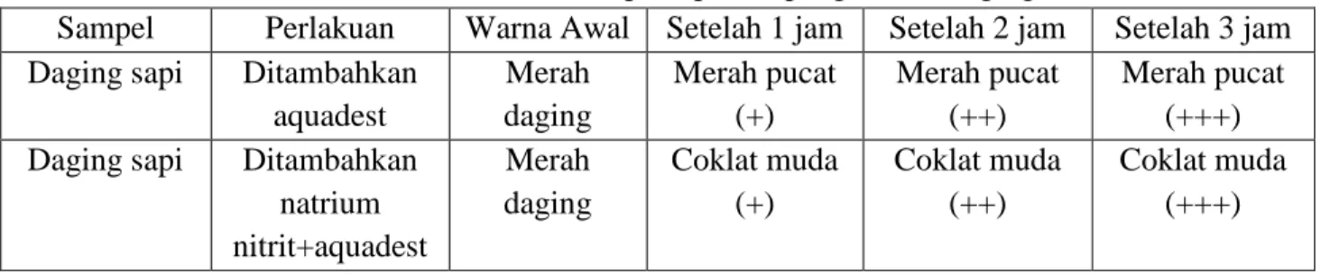 Tabel 6. Perubahan warna pada proses pengawetan daging 