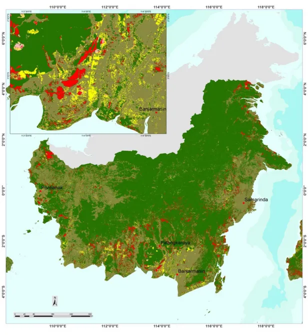 Gambar 3.1. Peta tutupan dan perubahan hutan tahun 2000-2012 untuk Pulau Kalimantan yang dihasilkan dari Program Penginderaan Jauh INCAS