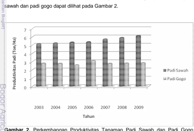 Gambar  2.  Perkembangan  Produktivitas  Tanaman  Padi  Sawah  dan  Padi  Gogo  Kabupaten Bogor Tahun 2003 – 2009 