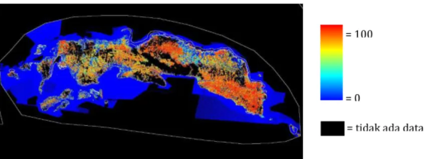 Gambar  3-6  menunjukkan    base  forest  probability  Pulau  Seram  dimana  zona  dataran  tinggi  dan  pesisir  mempunyai  indeks  yang  sama  tetapi  threshold  yang  berbeda