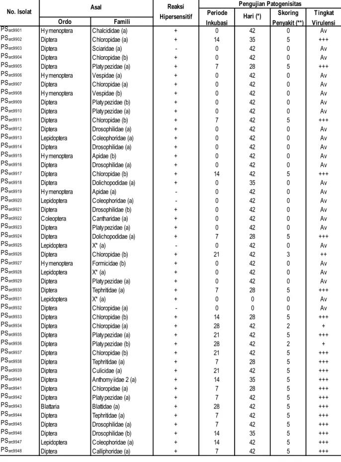 Tabel 3. Hasil pengujian hipersensitif dan patogenisitas beberapa isolat R. solanacearum asal serangga