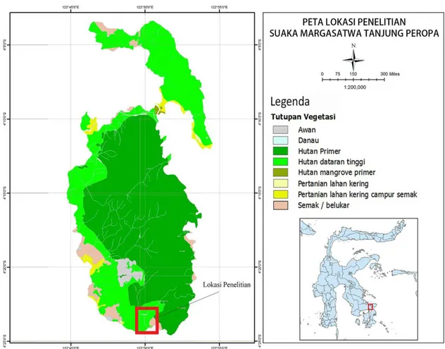 Gambar 1. Lokasi penelitian di Suaka Margasatwa Tanjung Peropa, Sulawesi Tenggara  Alat dan Bahan  