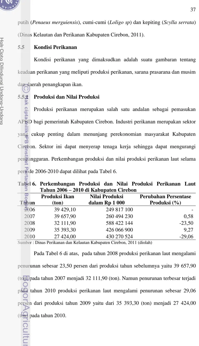 Tabel 6.  Perkembangan  Produksi  dan  Nilai  Produksi  Perikanan  Laut  Tahun 2006 – 2010 di Kabupaten Cirebon 