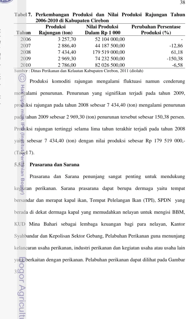 Tabel 7.  Perkembangan  Produksi  dan  Nilai  Produksi  Rajungan  Tahun  2006-2010 di Kabupaten Cirebon  Tahun  Produksi  Rajungan (ton)  Nilai Produksi   Dalam Rp 1 000  Perubahan Persentase Produksi (%)  2006  3 257,70  52 104 000,00  -  2007  2 886,40  