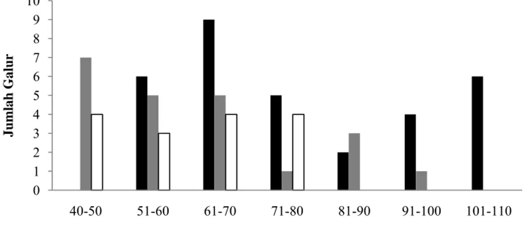 Gambar 8  Distribusi galur berdasarkan karakter tinggi tanaman pada populasi padi  RIL F8 di lapang