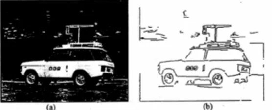 Gambar 6 – (a) Frame komposit mobil BBC   (b) Seleksi ujung dengan  thresholding (c) Mobil yang disegmentasi dengan gerak 