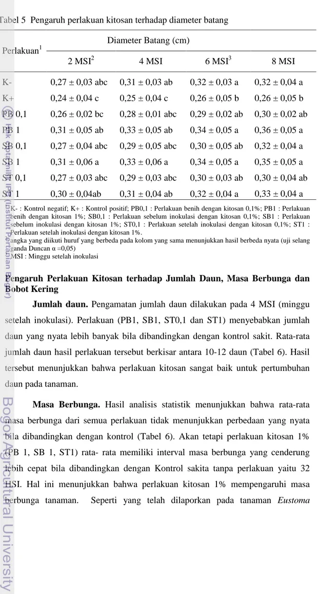 Tabel 5  Pengaruh perlakuan kitosan terhadap diameter batang 