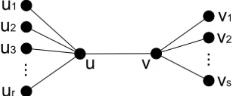 Gambar II.9: Graf bintang ganda T (r, s) dengan deg(u) = r+1 dan deg(v) = s+1