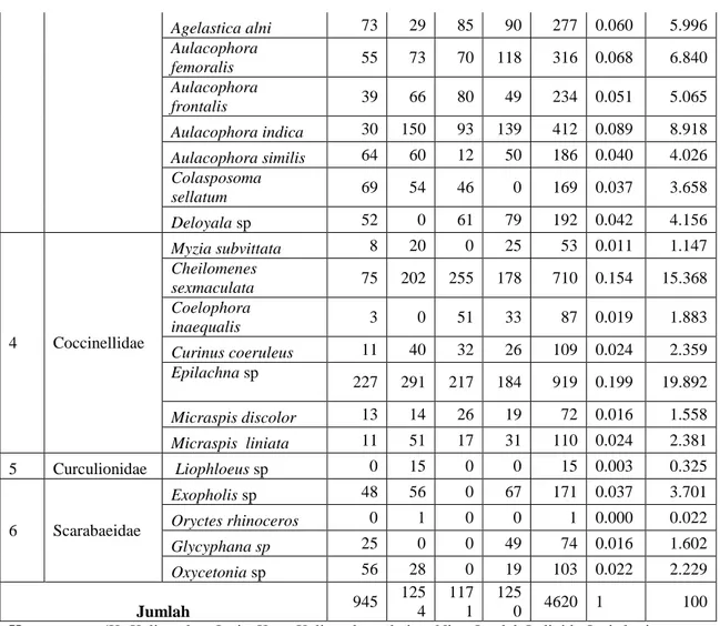 Tabel  4.5  merupakan  hasil  analisis  data kelimpahan jenis dari Coleoptera pada  pertanaman  sayuran  dengan  kelimpahan  jenis  tertinggi  adalah  Epilachna  sp  (19,89%)  dengan  jumlah  total  individu  919