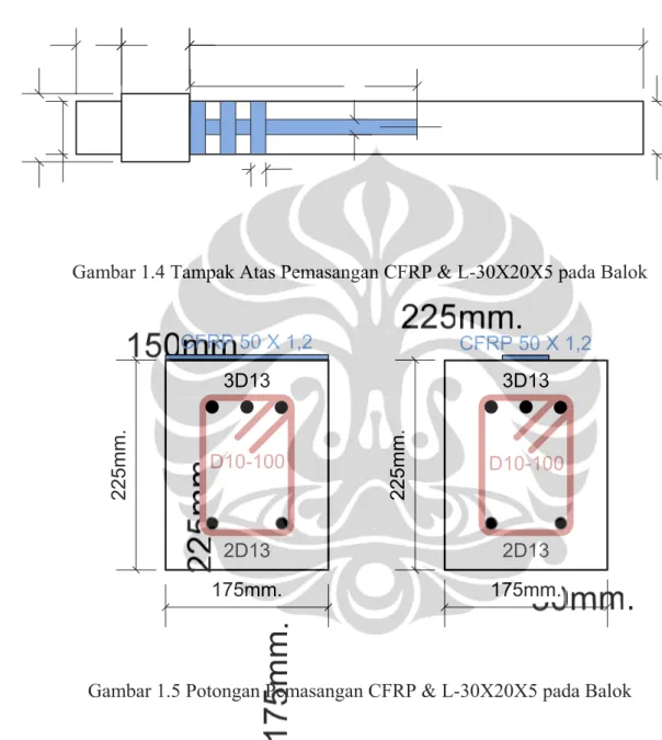 Gambar 1.4 Tampak Atas Pemasangan CFRP &amp; L-30X20X5 pada Balok      175mm.225mm. 175mm.225mm.3D132D133D132D13D10-100 D10-100CFRP 50 X 1,2 CFRP 50 X 1,2    Gambar 1.5 Potongan Pemasangan CFRP &amp; L-30X20X5 pada Balok 