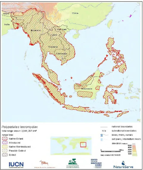 Gambar 4.  Peta penyebaran Katak-pohon bergaris (Polypedates leucomystax)  (Sumber: IUCN 2004) 