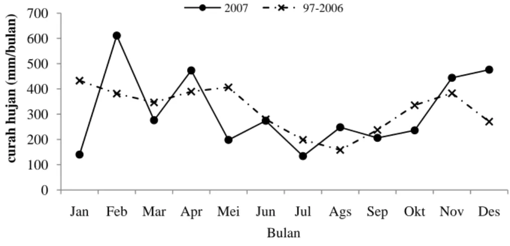 Gambar 10.  Rata-rata jumlah curah hujan di wilayah Darmaga 10 tahun terakhir  (1997-2006) dan curah hujan sepanjang tahun 2007 (Stasiun I  Klimatologi Darmaga 2007) 