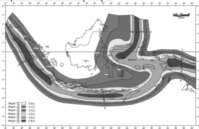 Gambar 1. Wilayah Gempa Indonesia dengan percepatan puncak batuan dasar  dengan periode ulang 500 tahun [1]