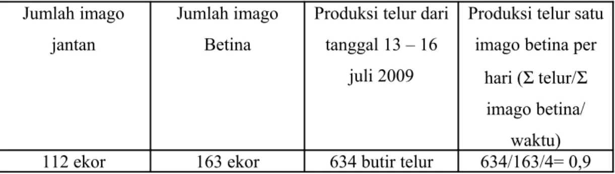 Tabel 4. Produksi telur R. linearis Jumlah imago 