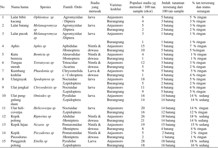Tabel 1. Keragaman serangga hama pada varietas kedelai Anjasmoro dan Burangrang. 