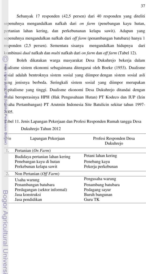 Tabel 11. Jenis Lapangan Pekerjaan dan Profesi Responden Rumah tangga Desa       Dukuhrejo Tahun 2012  