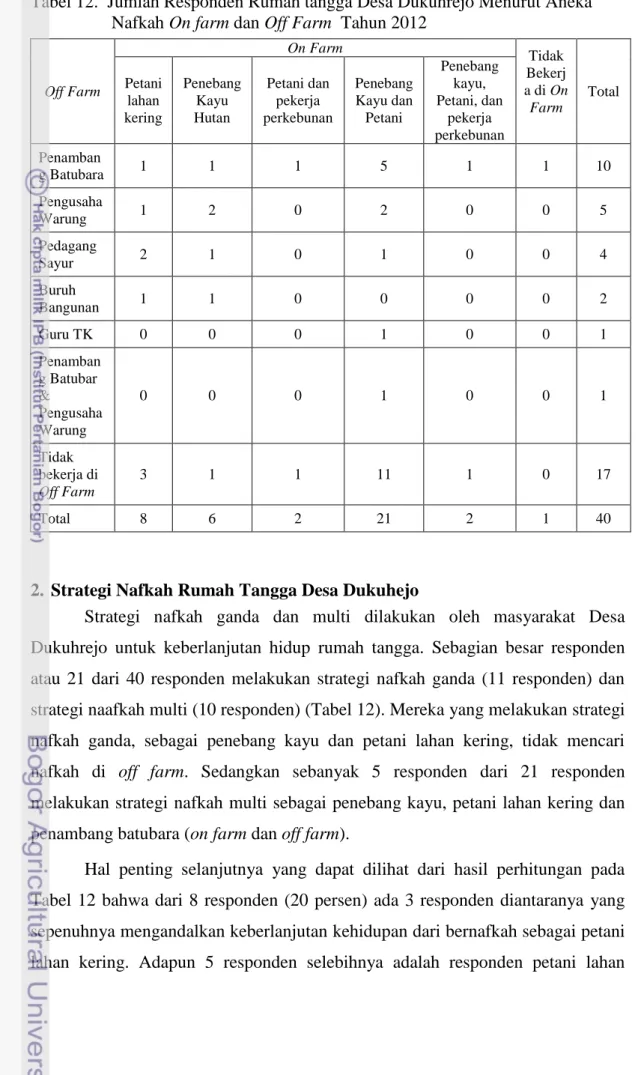 Tabel 12.  Jumlah Responden Rumah tangga Desa Dukuhrejo Menurut Aneka         Nafkah On farm dan Off Farm  Tahun 2012 
