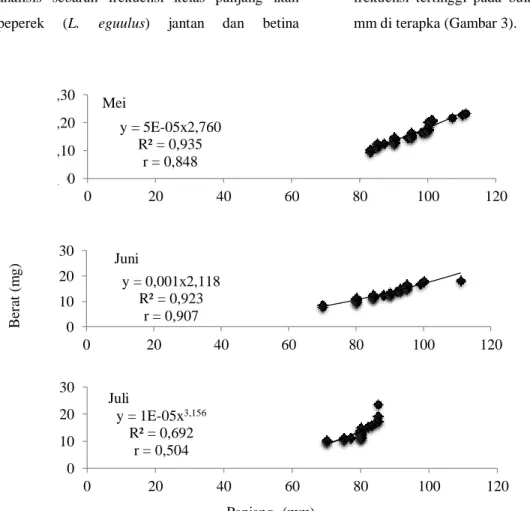Gambar 3.  Hubungan logaritma bobot tubuh dan logaritma panjang tubuh ikan peperek jantan selama  penelitian di Perairan Teluk kendari