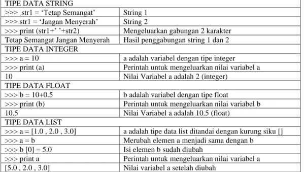Tabel 2.8. Penggunaan Tipe Data 