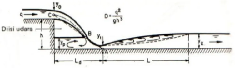 Gambar 3. Geometri aliran pada terjunan  tegak (Chow, 1989)  L d /h = 4.3 D 0.27    y p /h = D 0.22 y 1 /h = 0.54 D 0.425  y 2 /h = 1.66 D 0.27 dengan:  L d  = panjang terjunan,    