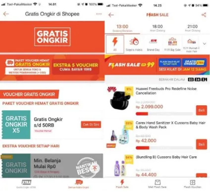 Gambar 1.3 Voucher Gratis Ongkos Kirim dan Flash Sale pada Aplikasi Shopee  (Sumber : Aplikasi Shopee) 