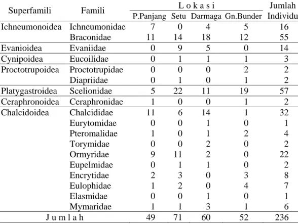 Tabel  5   Hymenoptera  parasitoid yang ditemukan dari perangkap malaise pada  empat lokasi penelitian 