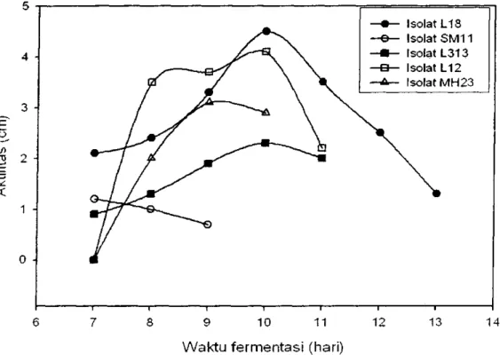 Gambar 3 Aktivitas masing-masing isolat aktinomisetes dalam medium  fermentasi terhadap R