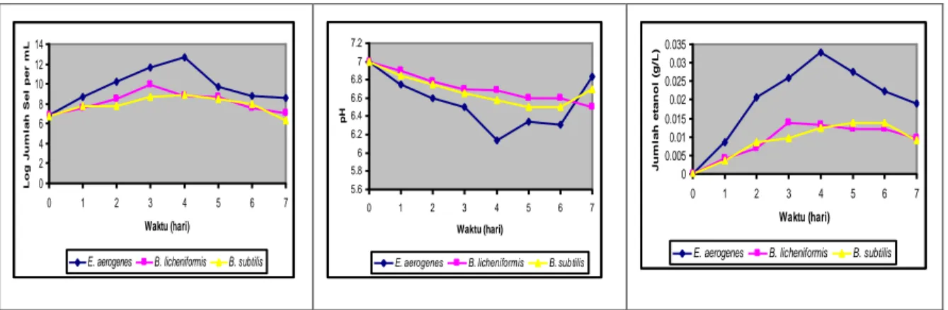 Gambar 1  (a)  PertumbuhanB.licheniformis, B. subtilis, dan  E.aerogenes; (b) Perubahan pH; (c) Pembentukan etanol;dalamfermentasi  pada medium basal + 0,5% (b/v) gliserol, jumlahinokulum 10% v/v dan kondisilingkungan: pH awalmedium 7, suhuruang, anaerob