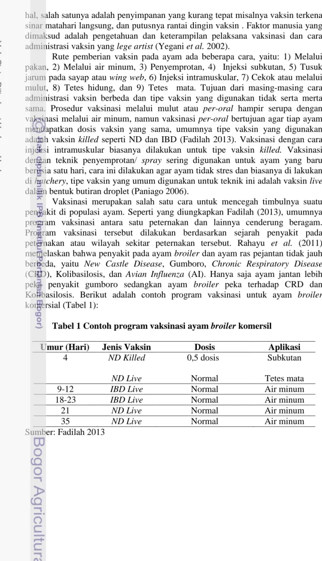 Tabel 1 Contoh program vaksinasi ayam broiler komersil 
