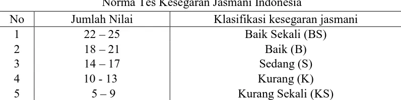 Tabel 3.3 Norma Tes Kesegaran Jasmani Indonesia 
