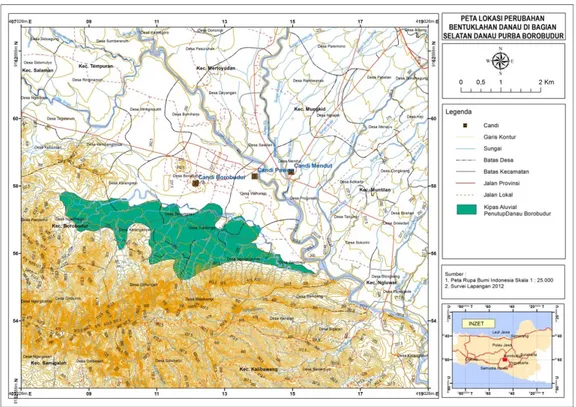 Gambar 13. Lokasi perubahan bentuklahan Danau Borobudur di bagian selatan akibat tektonik dan longsor  lahan