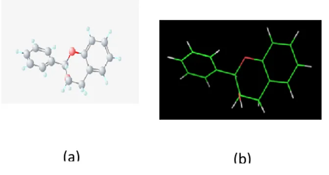 Gambar 1. a). Struktur 3 Dimensi flavan-3-ol CID 3707243 yang diperoleh dari Pubchem, b) Struktur 2 Dimensi  flavan-3-ol dengan Pymol 