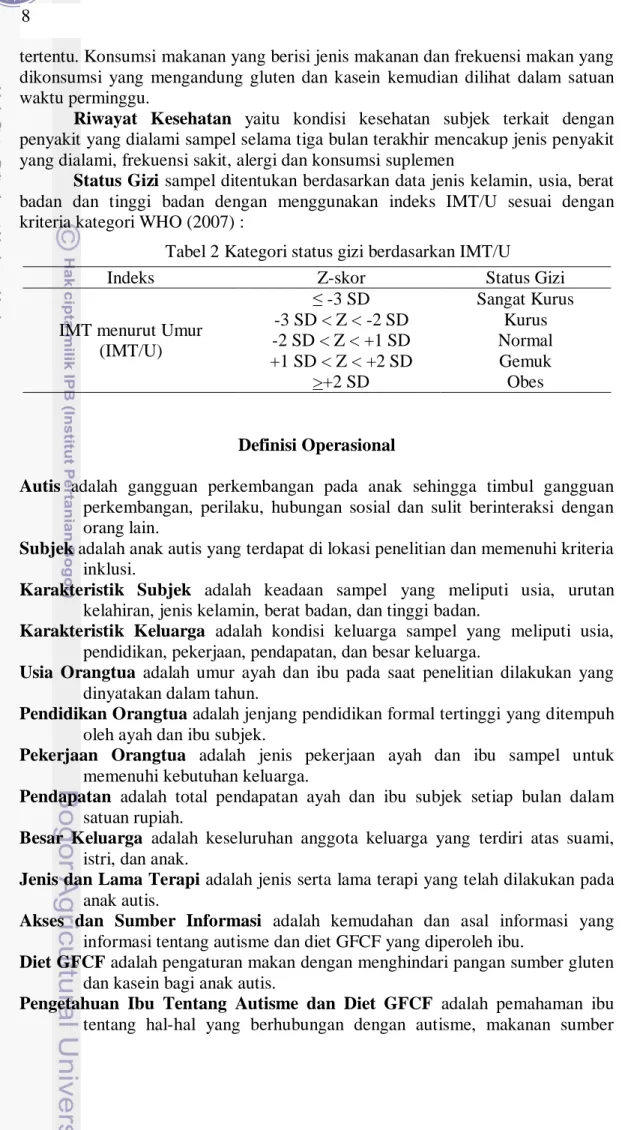 Tabel 2 Kategori status gizi berdasarkan IMT/U 