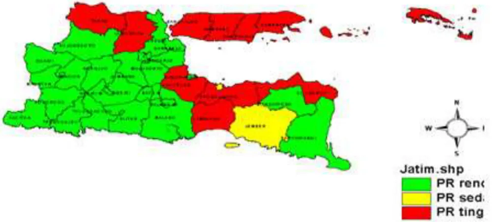 Gambar 11. Prevalensi Rate Kusta per 10.000 per Kabupaten/Kota  di Provinsi Jawa Timur Tahun 2010 