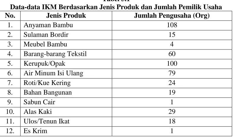 Tabel 3.1 Data-data IKM Berdasarkan Jenis Produk dan Jumlah Pemilik Usaha 