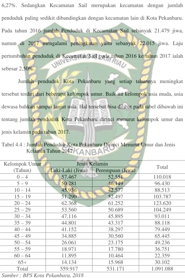 Tabel 4.4 : Jumlah Penduduk Kota Pekanbaru Dirinci Menurut Umur dan Jenis         Kelamin Tahun 2017 