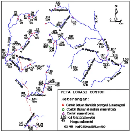 Gambar  7.  Peta Geokimia dan Distribusi  Pengukuran Radioaktivitas  Daerah Semelangan dan sekitarnya, Ketapang  Kalimantan Barat .
