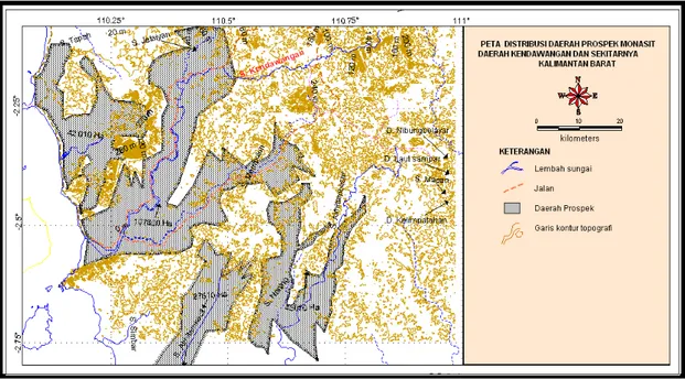 Gambar  8.  Peta Distribusi Area Prospek pada Sedimen  Plaser Aluvial   Daerah Kendawangan dan sekitarnya,  Ketapang Kalimantan Barat   