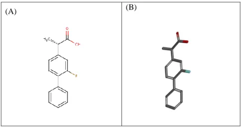 Gambar 4.  Senyawa Native Ligand Flurbiprofen   (A). Ligan 2D (B). Ligan 3D