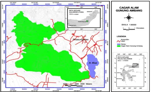 Gambar 1. Peta Lokasi Penelitian di Cagar Alam Gunung Ambang, Sulawesi Utara 